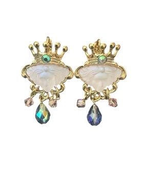 NOS Kirks Folly Glinda Queen Crown 3D Face Gold Tone Earrings With Box RARE